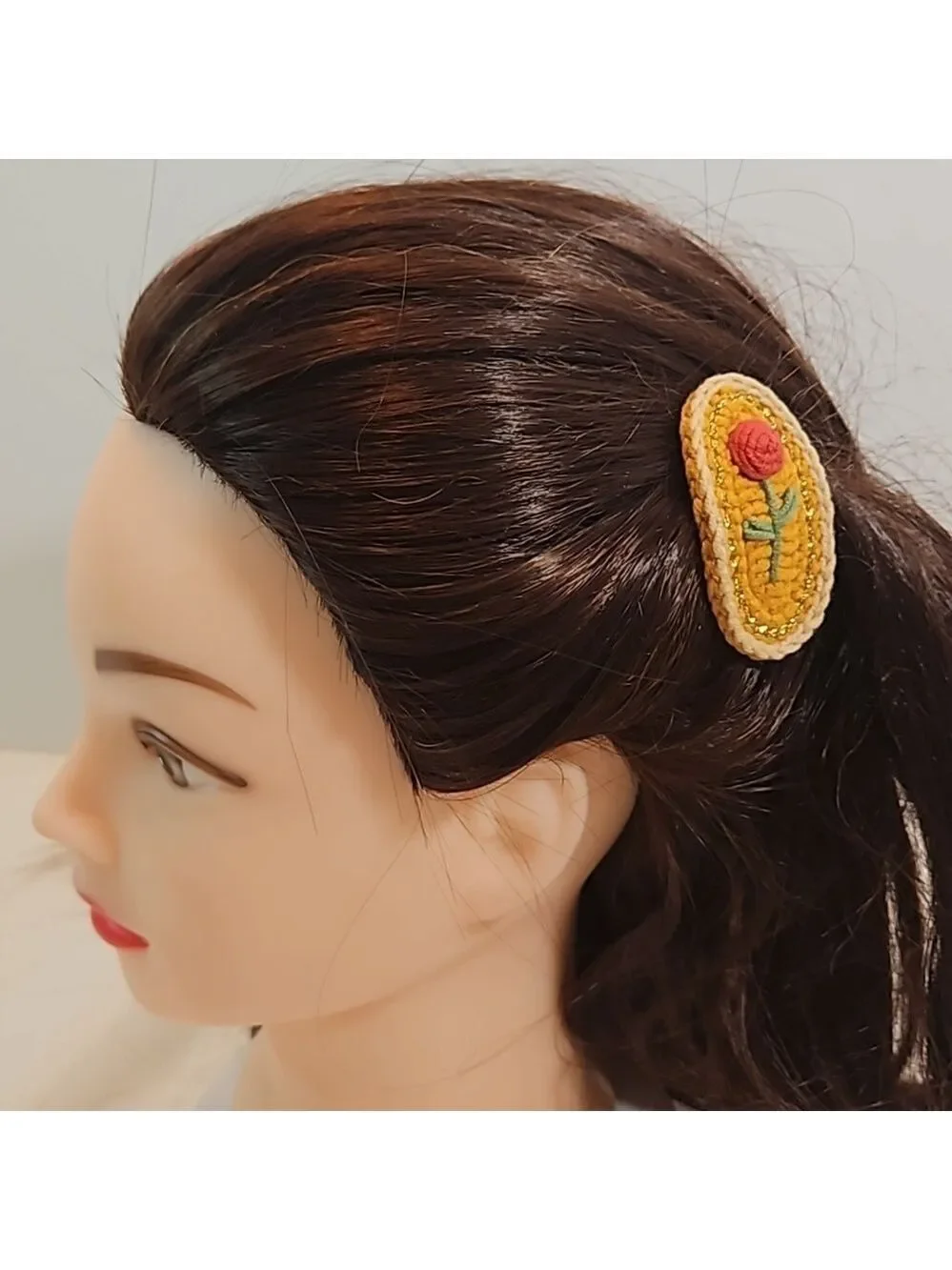Hand Crafted Hand Knit Crochet  Hair Clip Red Rose embroidered Snap Clip 2.5